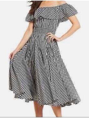 Chelsea & Theodore Gingham Midi Off The Shoulder Flare Dress Size Large